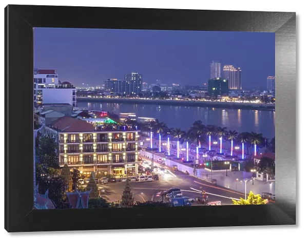 Cambodia, Phnom Penh, elevated view along Tonle Sap Riverfront, dusk