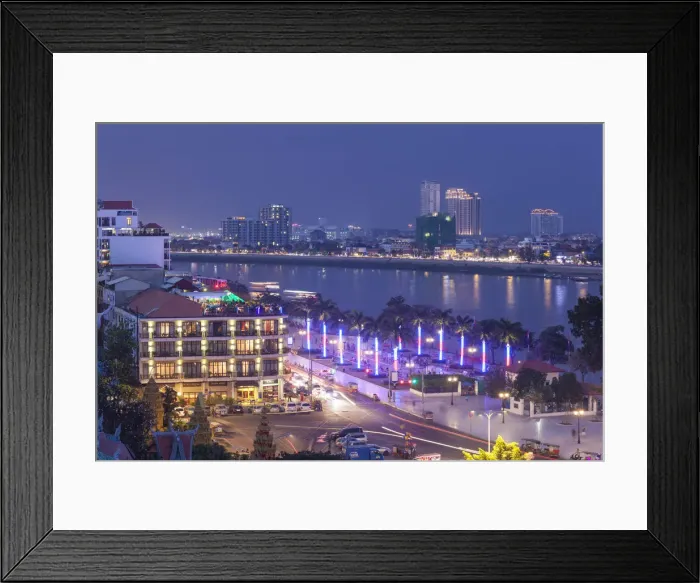 Framed Print : Cambodia, Phnom Penh, elevated view along Tonle Sap Riverfront, dusk Framed Print : Cambodia, Phnom Penh, elevated view along Tonle Sap Riverfront, dusk