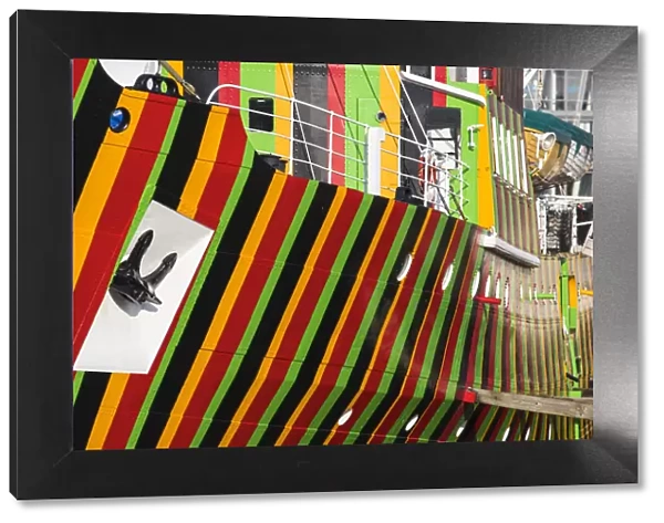 United Kingdom, England, Merseyside, Liverpool, Albert Dock, The 'Edmund Gardner' Dazzle Ship by artist Carlos Cruz-Diez, situated in a dry dock