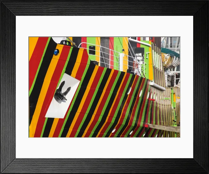 Framed Print : United Kingdom, England, Merseyside, Liverpool, Albert Dock, The Edmund Gardner Dazzle Ship by artist Carlos Cruz-Diez, situated in a dry dock Framed Print : United Kingdom, England, Merseyside, Liverpool, Albert Dock, The Edmund Gardner Dazzle Ship by artist Carlos Cruz-Diez, situated in a dry dock