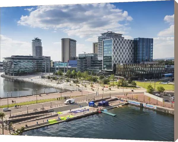 UK, England, Manchester, Salford, View of Salford Quays looking towards Media City