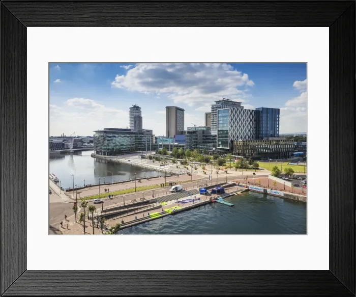 Framed Print : UK, England, Manchester, Salford, View of Salford Quays looking towards Media City Framed Print : UK, England, Manchester, Salford, View of Salford Quays looking towards Media City