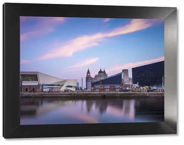 United Kingdom, England, Merseyside, Liverpool, View of Pier Head buildings reflecting