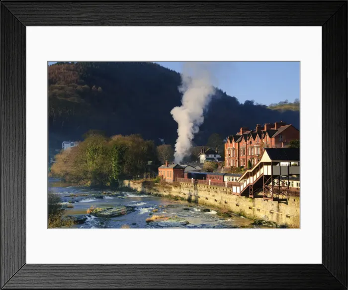 Framed Print : UK, Wales, Denbighshire, Llangollen, River Dee and Llangollen Railway Station Framed Print : UK, Wales, Denbighshire, Llangollen, River Dee and Llangollen Railway Station