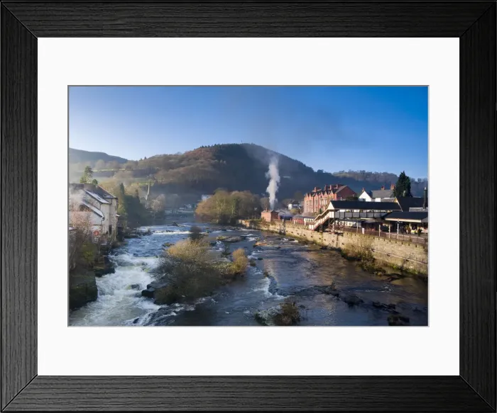 Framed Print : UK, Wales, Denbighshire, Llangollen, River Dee and Llangollen Railway Station Framed Print : UK, Wales, Denbighshire, Llangollen, River Dee and Llangollen Railway Station