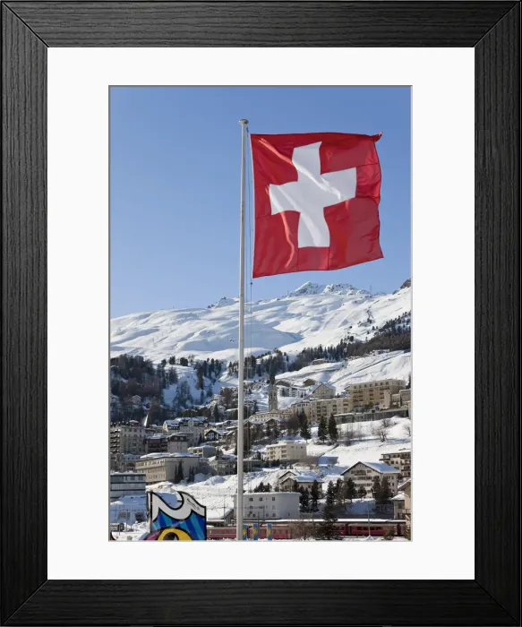 Framed Print : Swiss flag flying, St. Moritz, Upper Engadine, Oberengadin, Graubunden region, Swiss Alps Framed Print : Swiss flag flying, St. Moritz, Upper Engadine, Oberengadin, Graubunden region, Swiss Alps