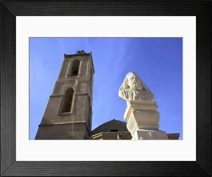 Framed Print : Bust of Archbishop Kyprianos and Cathedral of St. John The Theologian, South Nicosia Framed Print : Bust of Archbishop Kyprianos and Cathedral of St. John The Theologian, South Nicosia
