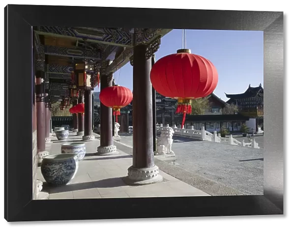 China, Yunnan Province, Lijiang, Old Town, Red Lanterns at the Mu Family Mansion