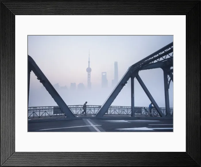 Framed Print : Skyline of Pudong & the Waibaidu bridge on a foggy November morning, Shanghai, China Framed Print : Skyline of Pudong & the Waibaidu bridge on a foggy November morning, Shanghai, China