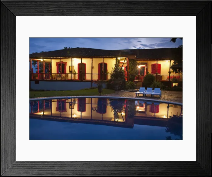 Framed Print : Colombia, Caldas, Manizales, Hacienda Venecia reflecting in pool at night Framed Print : Colombia, Caldas, Manizales, Hacienda Venecia reflecting in pool at night