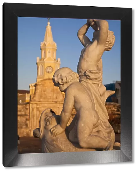 Colombia, Bolivar, Cartagena De Indias, Plaza de la Paz, Fountain and Porta del Reloj
