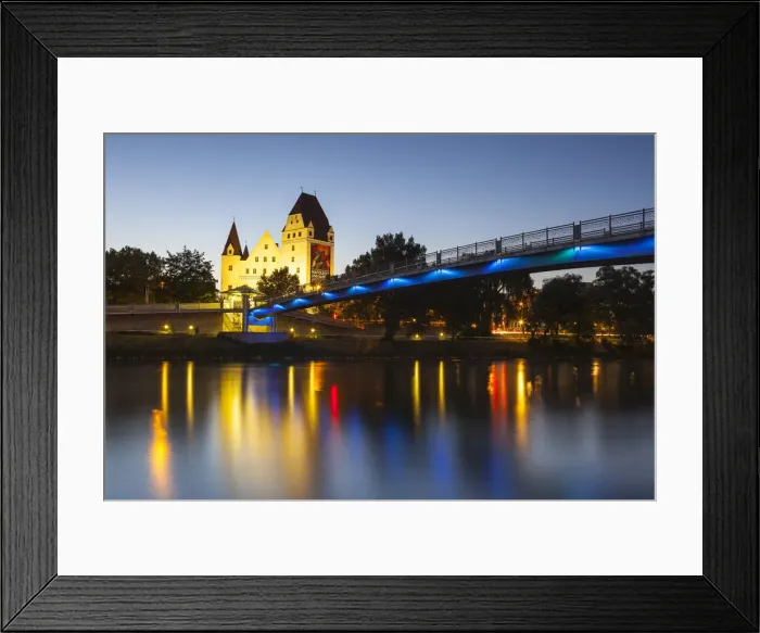 Framed Print : View across The River Danube towards New Palace iluminated at dusk, Ingolstadt, Upper Framed Print : View across The River Danube towards New Palace iluminated at dusk, Ingolstadt, Upper