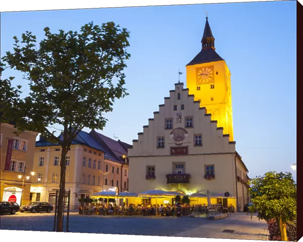 Rathaus (Town Hall) illuminated at Dusk, Deggendorf, Lower Bavaria, Bavaria, Germany