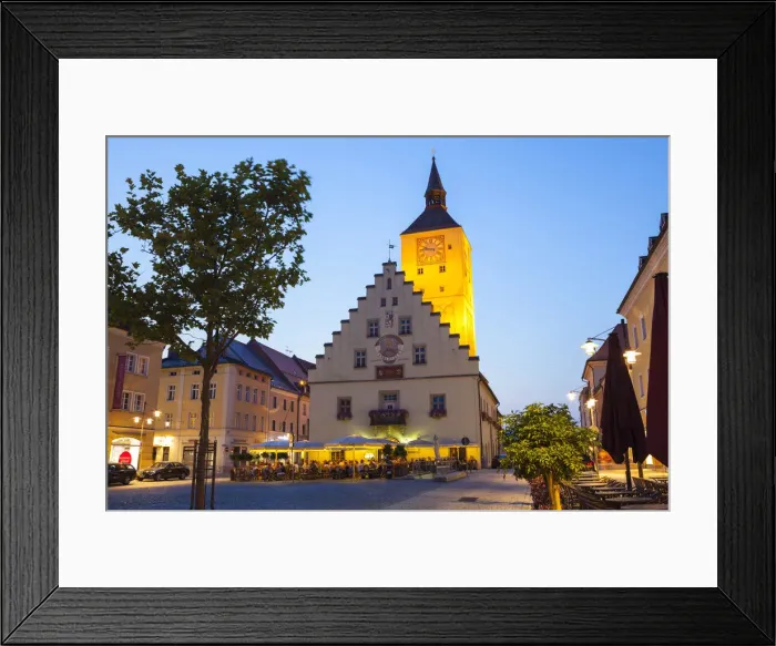 Framed Print : Rathaus (Town Hall) illuminated at Dusk, Deggendorf, Lower Bavaria, Bavaria, Germany