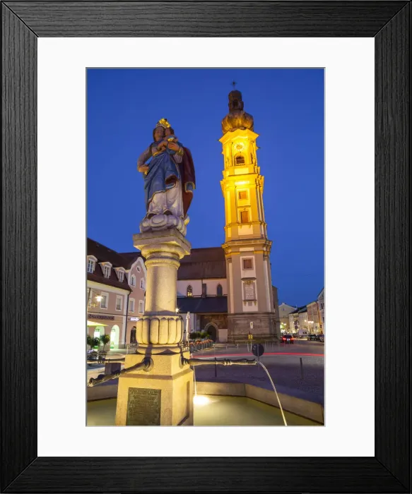 Framed Print : Old Town Water Fountain & Church illuminated at Dusk, Deggendorf, Lower Bavaria, Bavaria Framed Print : Old Town Water Fountain & Church illuminated at Dusk, Deggendorf, Lower Bavaria, Bavaria