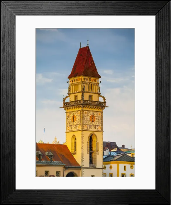 Framed Print : Town Hall (Rathaus) Clock Tower illuminated at sunrise, Passau, Lower Bavaria, Bavaria Framed Print : Town Hall (Rathaus) Clock Tower illuminated at sunrise, Passau, Lower Bavaria, Bavaria