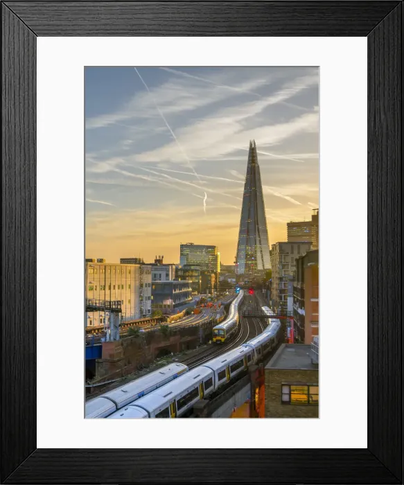 Framed Print : UK, England, London, Southwark, The London Shard and railway lines into London Bridge