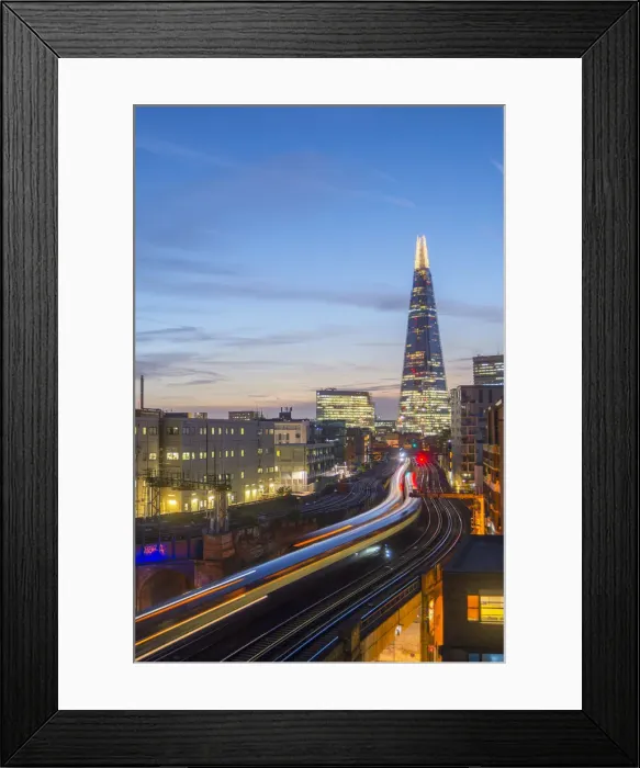 Framed Print : UK, England, London, Southwark, The London Shard and railway lines into London Bridge Framed Print : UK, England, London, Southwark, The London Shard and railway lines into London Bridge