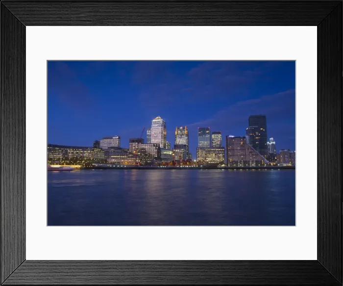 Framed Print : England, London, Docklands, Canary Wharf viewed across River Thames at twilight Framed Print : England, London, Docklands, Canary Wharf viewed across River Thames at twilight