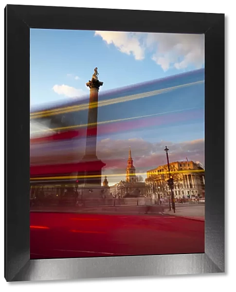 UK, London, Trafalgar Square, Nelsons Column and blurred bus