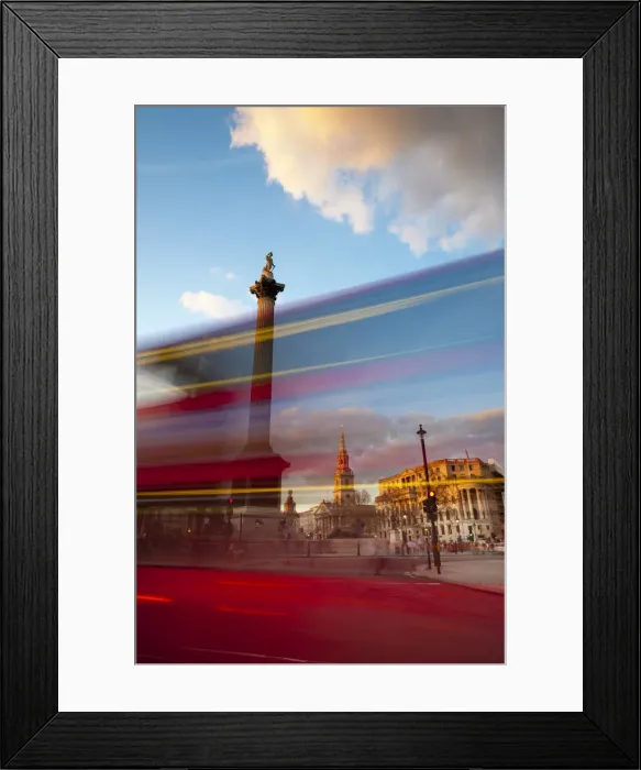 Framed Print : UK, London, Trafalgar Square, Nelsons Column and blurred bus Framed Print : UK, London, Trafalgar Square, Nelsons Column and blurred bus