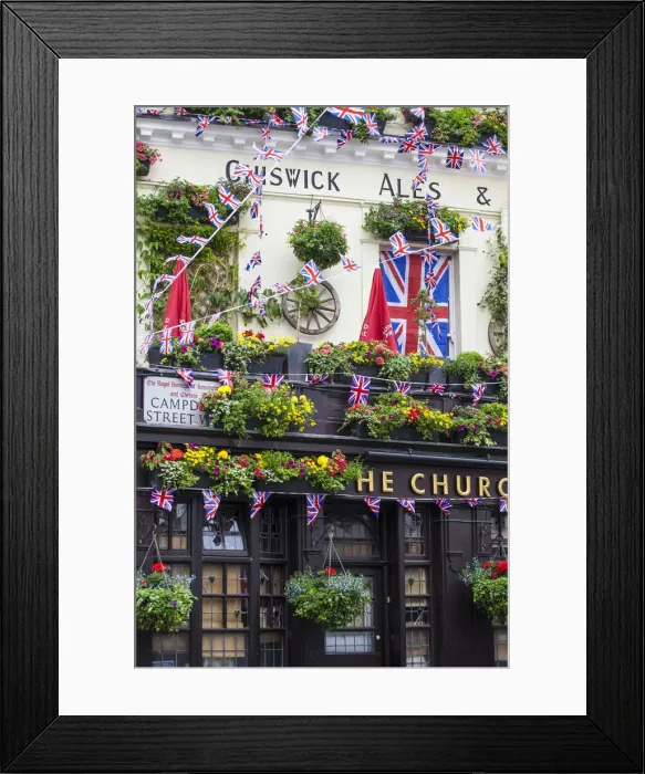 Framed Print : UK, England, London, Kensington, The Churchill Arms Pub with Union Jack bunting to Framed Print : UK, England, London, Kensington, The Churchill Arms Pub with Union Jack bunting to