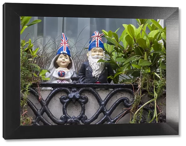 UK, England, London, Kensington, Garden gnomes with Union jack hats to celebrate the