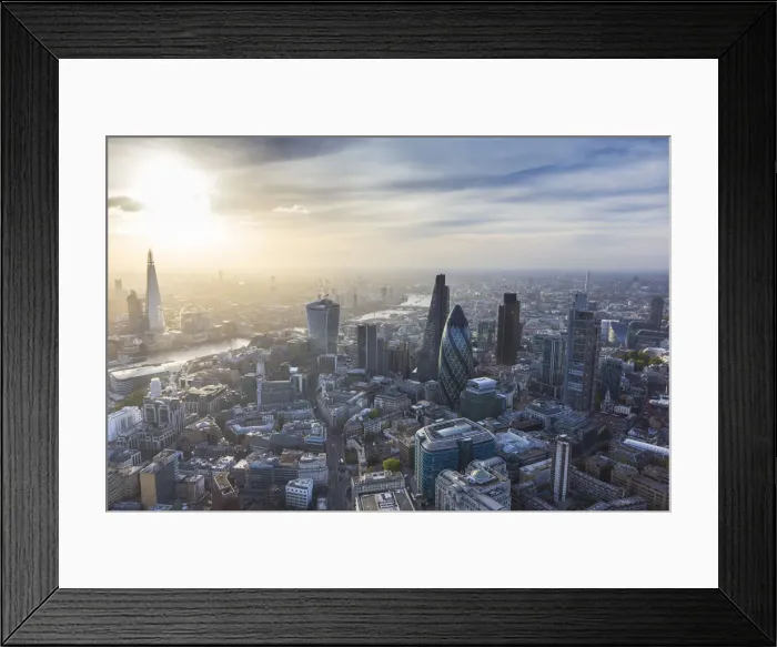 Framed Print : Aerial view from helicopter, The Shard & City of London, London, England Framed Print : Aerial view from helicopter, The Shard & City of London, London, England