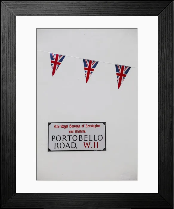 Framed Print : UK, England, London, Kensington, Union Jack bunting above Portobello Rd sign to celebrate Framed Print : UK, England, London, Kensington, Union Jack bunting above Portobello Rd sign to celebrate