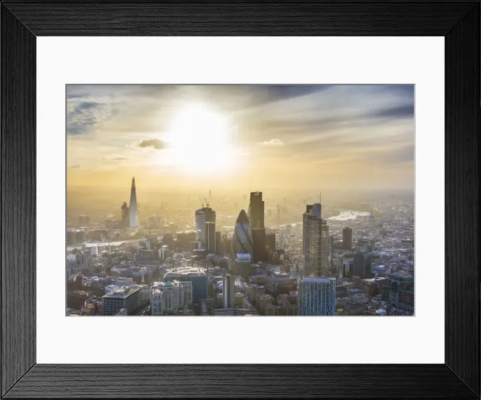 Framed Print : Aerial view from helicopter, The Shard & City of London, London, England Framed Print : Aerial view from helicopter, The Shard & City of London, London, England