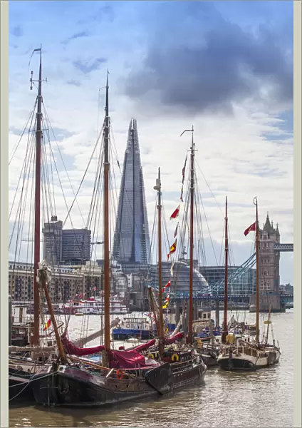 UK, England, London, Tall ships on the Thames river with The Shard, City Hall