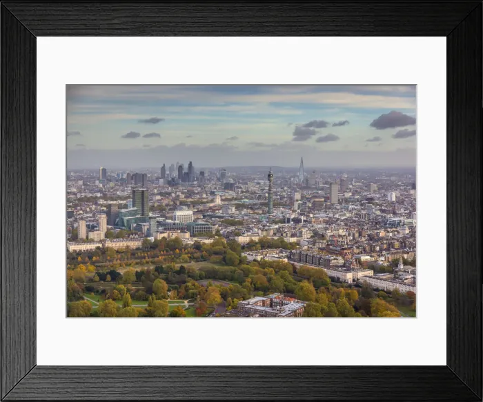 Framed Print : Aerial view from helicopter, Regents Park, BT Tower, The Shard & City of London, London