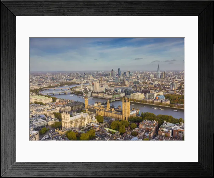 Framed Print : Aerial view from helicopter, Houses of Parliament, River Thames, London, England Framed Print : Aerial view from helicopter, Houses of Parliament, River Thames, London, England