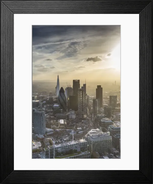 Framed Print : Aerial view from helicopter, The Shard & City of London, London, England Framed Print : Aerial view from helicopter, The Shard & City of London, London, England
