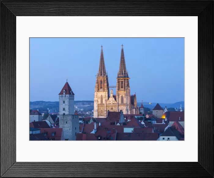 Framed Print : Elevated view towards St. Peters Cathedral illuminated at Dusk, Regensburg, Upper Framed Print : Elevated view towards St. Peters Cathedral illuminated at Dusk, Regensburg, Upper