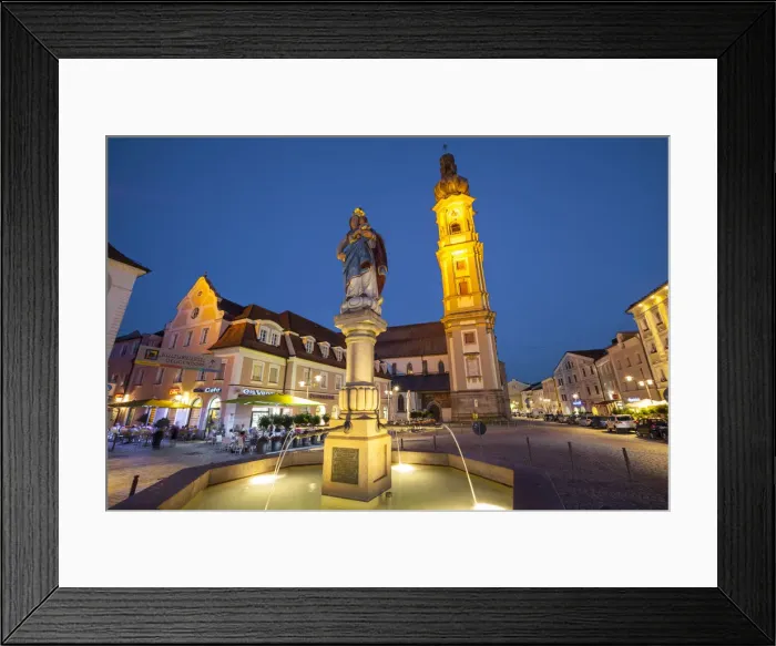 Framed Print : Old Town Water Fountain & Church illuminated at Dusk, Deggendorf, Lower Bavaria Framed Print : Old Town Water Fountain & Church illuminated at Dusk, Deggendorf, Lower Bavaria