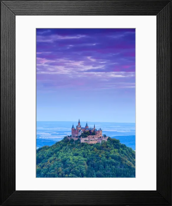 Framed Print : Elevated view towards Hohenzollern Castle & surrounding countryside at sunrise Framed Print : Elevated view towards Hohenzollern Castle & surrounding countryside at sunrise