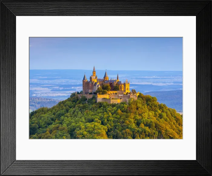 Framed Print : Elevated view towards Hohenzollern Castle & surrounding countryside at sunrise, Swabia Framed Print : Elevated view towards Hohenzollern Castle & surrounding countryside at sunrise, Swabia