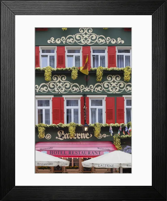 Framed Print : Germany, Baden-Wurttemburg, Baden-Baden, colorful hotel-restaurant exterior