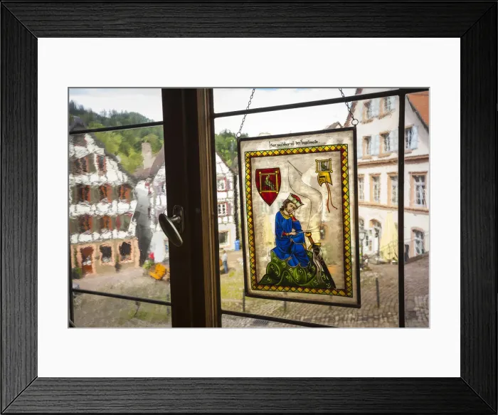Framed Print : Stained Glass Window in Historic Pharmacy, Altstad (Old Town), Shiltach, Baden-Wurttemberg Framed Print : Stained Glass Window in Historic Pharmacy, Altstad (Old Town), Shiltach, Baden-Wurttemberg