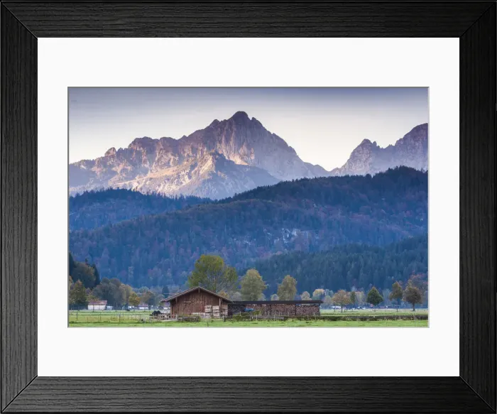 Framed Print : Germany, Bavaria, Hohenschwangau, landscape with the Tannheimer Mountains, dawn Framed Print : Germany, Bavaria, Hohenschwangau, landscape with the Tannheimer Mountains, dawn