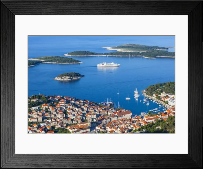 Framed Print : Elevated view over the picturesque harbour town of Hvar, Hvar, Dalmatia, Croatia Framed Print : Elevated view over the picturesque harbour town of Hvar, Hvar, Dalmatia, Croatia