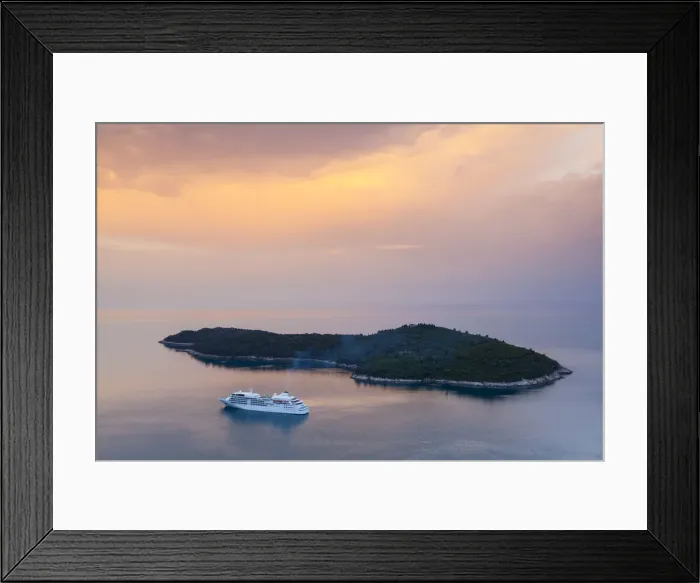 Framed Print : Cruiseboat and island illuminated at sunrise, Dubrovnik, Dalmatia, Croatia Framed Print : Cruiseboat and island illuminated at sunrise, Dubrovnik, Dalmatia, Croatia