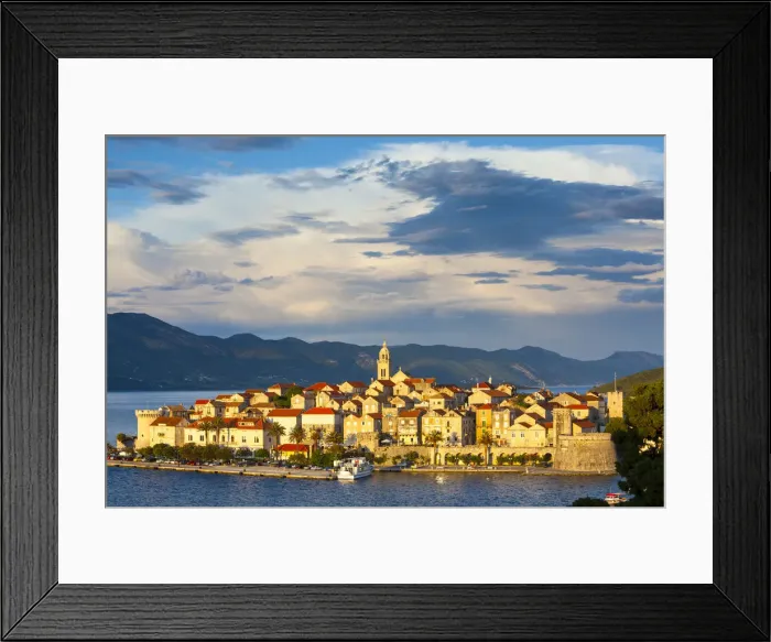 Framed Print : Elevated view over picturesque Korcula Town illuminated at sunset, Korcula, Dalmatia Framed Print : Elevated view over picturesque Korcula Town illuminated at sunset, Korcula, Dalmatia