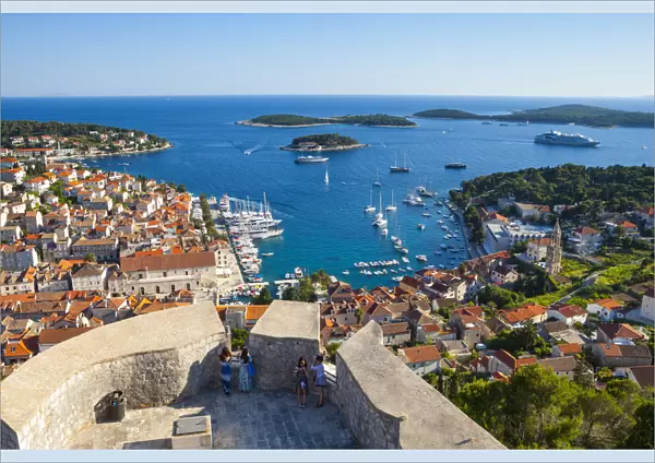 Elevated view over the picturesque harbour town of Hvar from the Citadel, Hvar Town