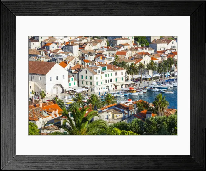 Framed Print : Elevated view over the picturesque harbour town of Hvar, Hvar, Dalmatia, Croatia Framed Print : Elevated view over the picturesque harbour town of Hvar, Hvar, Dalmatia, Croatia