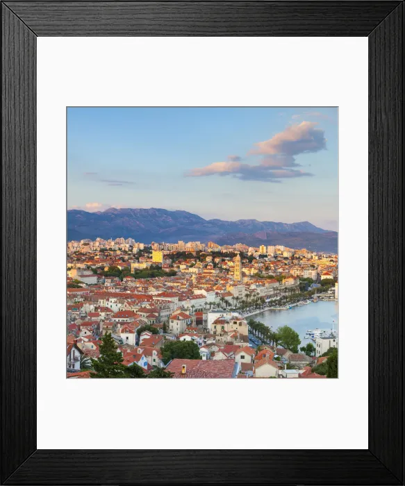 Framed Print : Elevevated view over the picturesque harbour city of Split illuminated at sunset, Split Framed Print : Elevevated view over the picturesque harbour city of Split illuminated at sunset, Split