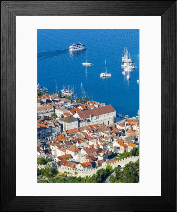 Framed Print : Elevated view over the picturesque harbour town of Hvar, Hvar, Dalmatia, Croatia Framed Print : Elevated view over the picturesque harbour town of Hvar, Hvar, Dalmatia, Croatia