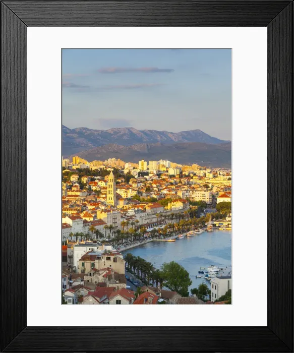 Framed Print : Elevevated view over the picturesque harbour city of Split illuminated at sunset, Split Framed Print : Elevevated view over the picturesque harbour city of Split illuminated at sunset, Split