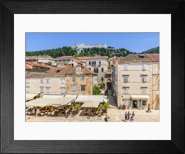 Framed Print : Restaurants and Hvar Fortress, Hvar Town, Hvar, Dalmatian Coast, Croatia, Europe Framed Print : Restaurants and Hvar Fortress, Hvar Town, Hvar, Dalmatian Coast, Croatia, Europe